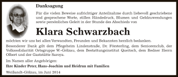 Traueranzeige von Klara Schwarzbach von WVG - Wochenspiegel Dessau / Köthen