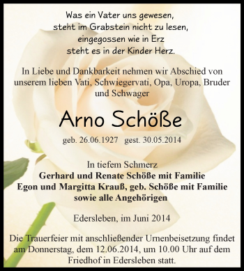 Traueranzeige von Arno Schöße von Super Sonntag SGH Mansf. Land