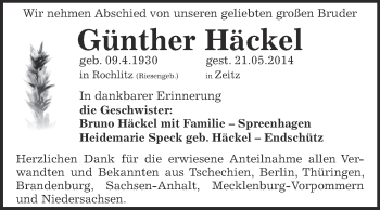 Traueranzeige von Günther Häckel von Super Sonntag Zeitz
