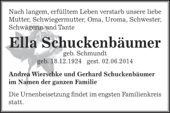 Traueranzeige von Ella Schuckenbäumer von Super Sonntag Bernburg