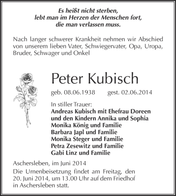 Traueranzeige von Peter Kubisch von Super Sonntag Aschersleben