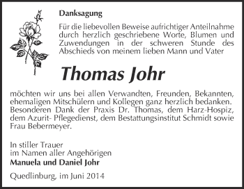 Traueranzeige von Thomas Johr von Super Sonntag Quedlinburg