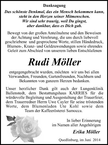 Traueranzeige von Rudi Möller von WVG - Wochenspiegel Quedlinburg
