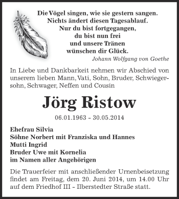 Traueranzeige von Jörg Ristow von Super Sonntag Bernburg