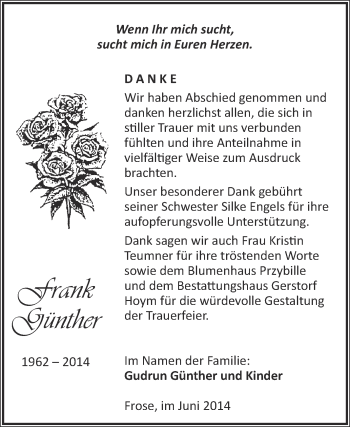 Traueranzeige von Frank Günther von Super Sonntag Aschersleben