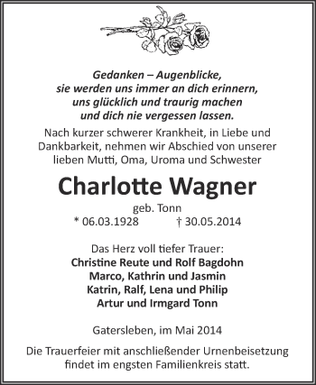 Traueranzeige von Charlotte Wagner von Super Sonntag Aschersleben