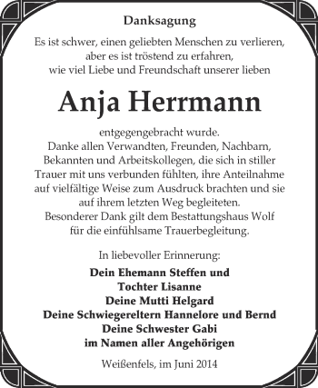Traueranzeige von Anja Herrmann von WVG - Wochenspiegel NMB / WSF / ZTZ