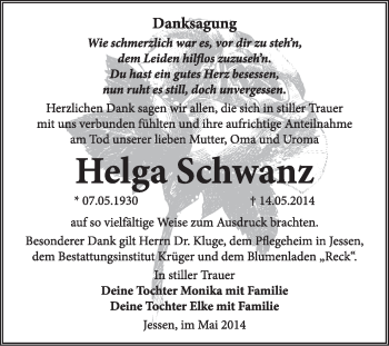 Traueranzeige von Helga Schwanz von Super Sonntag Wittenberg