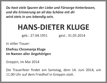 Traueranzeige von Hans-Dieter Kluge von WVG - Wochenspiegel Bitterfeld