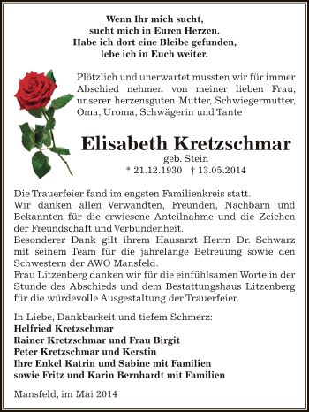 Traueranzeige von Elisabeth Kretzschmar von Super Sonntag SGH Mansf. Land