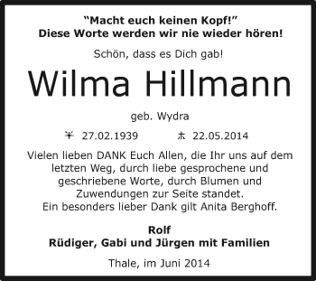 Traueranzeige von Wilma Hillmann von Super Sonntag Quedlinburg