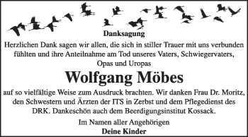 Traueranzeige von Wolfgang Möbes von Super Sonntag Dessau / Köthen