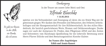 Traueranzeige von Elfriede Blaschke von Super Sonntag Aschersleben