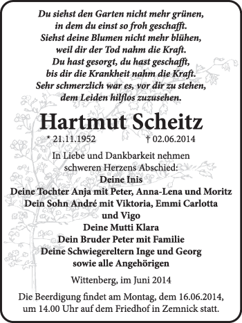 Traueranzeige von Hartmut Scheitz von WVG - Wochenspiegel Wittenberg