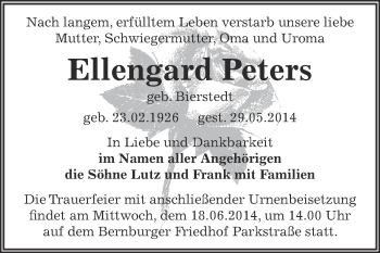 Traueranzeige von Ellengard Peters von Super Sonntag Bernburg