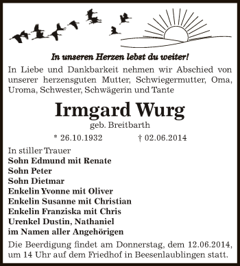 Traueranzeige von Irmgard Wurg von Super Sonntag Bernburg