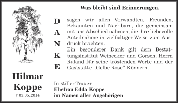 Traueranzeige von Hilmar Koppe von Super Sonntag Bernburg