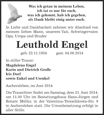 Traueranzeige von Leuthold Engel von WVG - Wochenspiegel Aschersleben