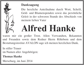 Traueranzeige von Alfred Hanke von WVG - Wochenspiegel Merseburg