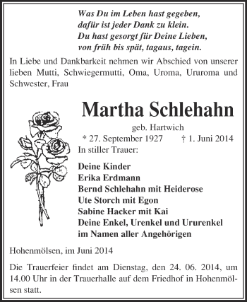 Traueranzeige von Martha Schlehahn von WVG - Wochenspiegel NMB / WSF / ZTZ