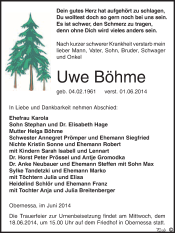 Traueranzeige von Uwe Böhme von WVG - Wochenspiegel NMB / WSF / ZTZ