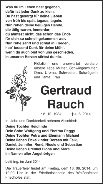 Traueranzeige von Gertraud Rauch von WVG - Wochenspiegel NMB / WSF / ZTZ