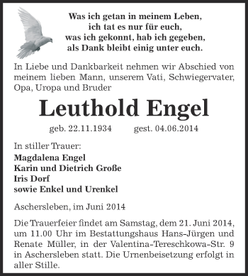 Traueranzeige von Leuthold Engel von Super Sonntag Aschersleben