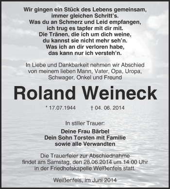 Traueranzeige von Roland Weineck von WVG - Wochenspiegel NMB / WSF / ZTZ