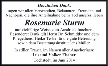 Traueranzeige von Rosemarie Sturm von Super Sonntag Aschersleben