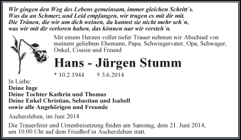 Traueranzeige von Hans-Jürgen Stumm von Super Sonntag Aschersleben