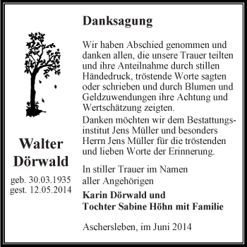 Traueranzeige von Walter Dörwald von WVG - Wochenspiegel Aschersleben