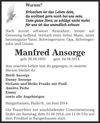 Traueranzeige von Manfred Ansorge von Super Sonntag SGH Mansf. Land
