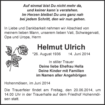 Traueranzeige von Helmut Ulrich von WVG - Wochenspiegel NMB / WSF / ZTZ