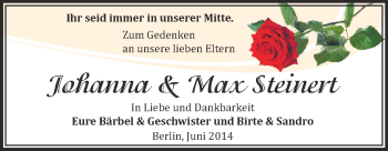 Traueranzeige von Johanna und Max Steinert von Super Sonntag Zeitz