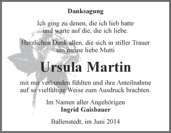 Traueranzeige von Ursula Martin von WVG - Wochenspiegel Quedlinburg