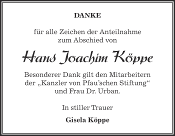Traueranzeige von Hans Joachim Köppe von Super Sonntag Bernburg