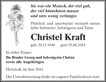 Traueranzeige von Christel Kraft von Wochenspiegel Mansfelder Land
