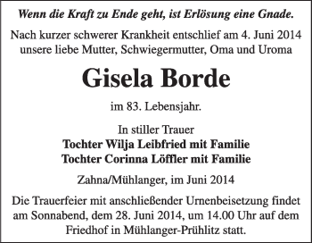 Traueranzeige von Gisela Borde von WVG - Wochenspiegel Wittenberg