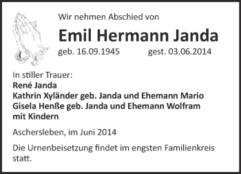 Traueranzeige von Emil Hermann Janda von WVG - Wochenspiegel Aschersleben