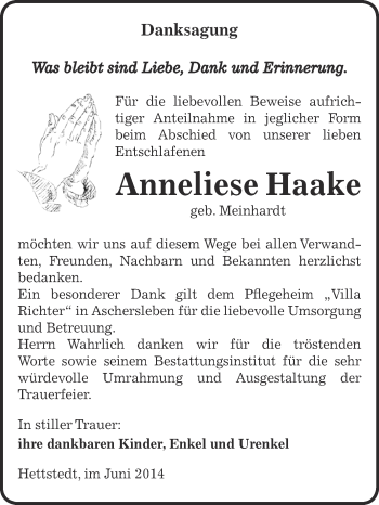 Traueranzeige von Anneliese Haake von Wochenspiegel Mansfelder Land