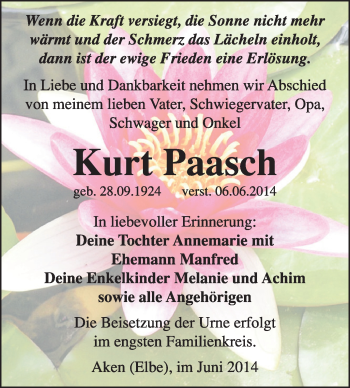 Traueranzeige von Kurt Paasch von Super Sonntag Dessau / Köthen