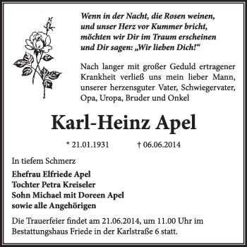 Traueranzeige von Karl-Heinz Apel von Super Sonntag Dessau / Köthen