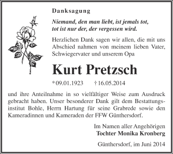 Traueranzeige von Kurt Pretzsch von Super Sonntag Merseburg