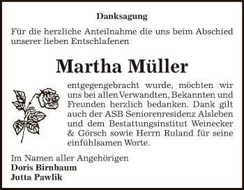Traueranzeige von Martha Müller von Super Sonntag Bernburg