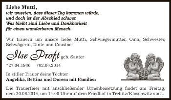 Traueranzeige von Ilse Proft von Super Sonntag Bernburg