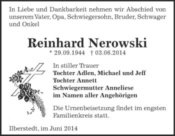Traueranzeige von Reinhard Nerowski von Super Sonntag Bernburg