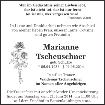 Traueranzeige von Marianne Tscheuschner von Super Sonntag Bernburg
