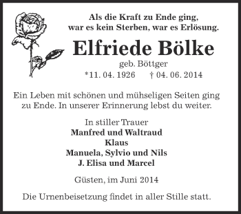 Traueranzeige von Elfriede Bölke von Super Sonntag Bernburg