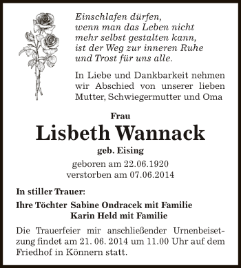 Traueranzeige von Lisbeth Wannack von Super Sonntag Bernburg