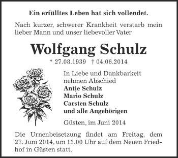 Traueranzeige von Wolfgang Schulz von Super Sonntag Bernburg